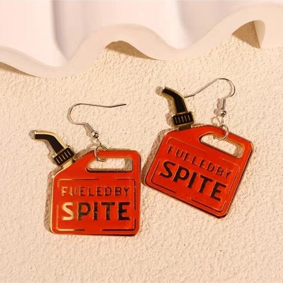 "Fueled by Spite" red & black gas can acrylic earrings - Picture 1 of 3